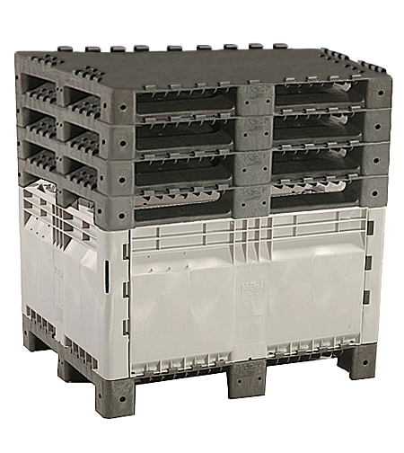 Save up to 63% in storage space. Simply remove walls from 4 bins and place in one bin, then stack remaining pallet bases on top of filled bin - 5 bins stored in the footprint of 1